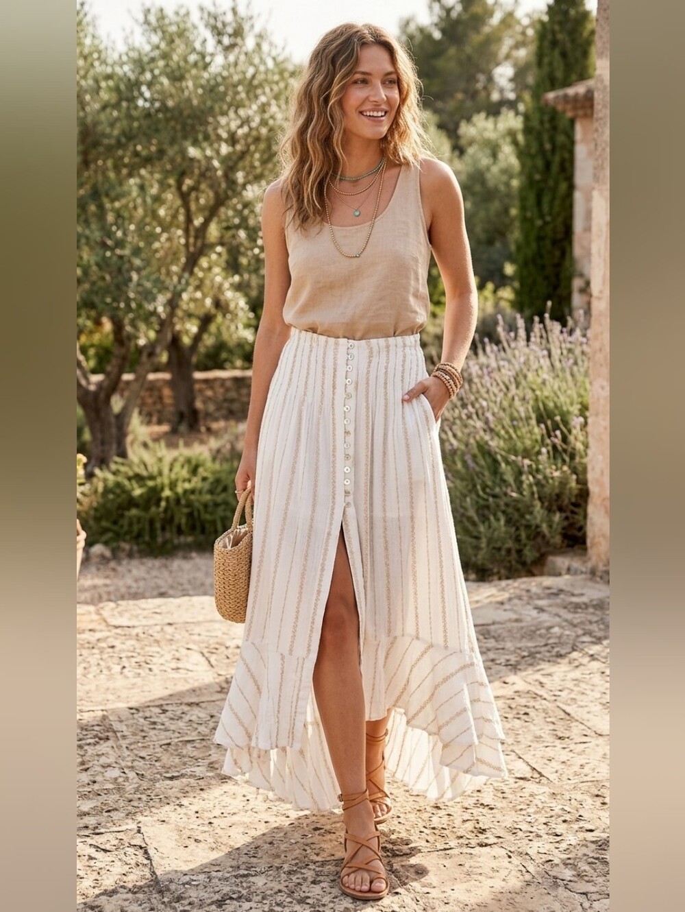 Olivaceous Cream High-Low Button Front Skirt